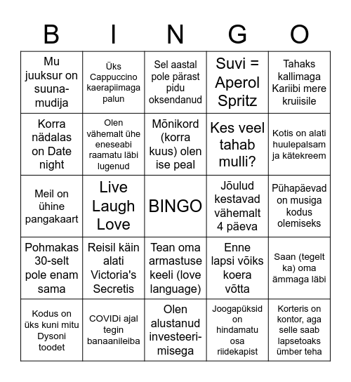 Olen valmis abielluma Bingo Card