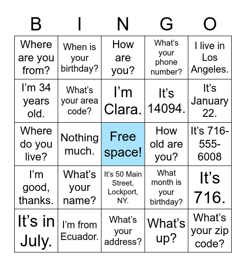 Question and Answer Bingo Card