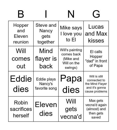 Stranjer Seyler Season 4 vol 2 Predictions Bingo Card