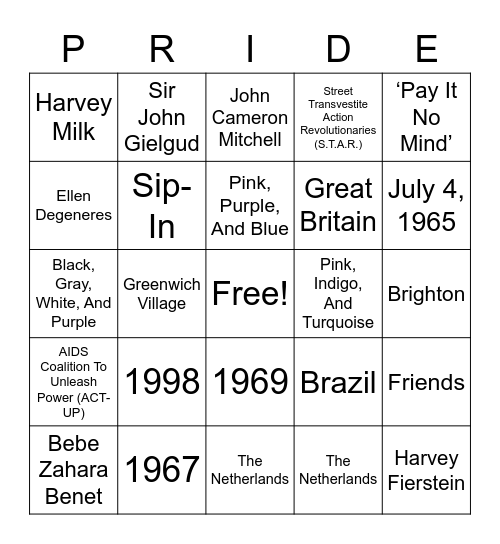 PRIDE-IVERSARY Bingo Card