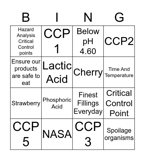 HACCP Bingo! Bingo Card