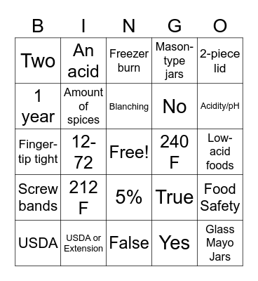 Food Preservation Bingo Card