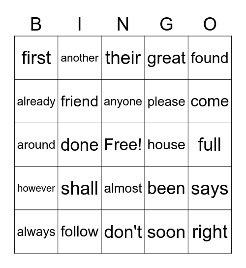 High Frequency Words Set #4 Bingo Card