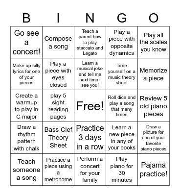 Summer Piano Bingo Challenge! Bingo Card