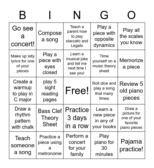 Summer Piano Bingo Challenge! Bingo Card