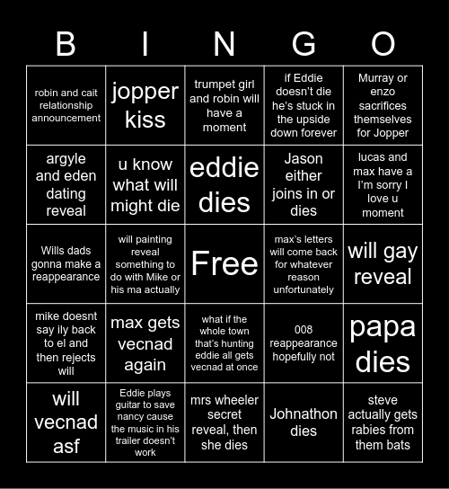 stranger things vol 2 predictions Bingo Card