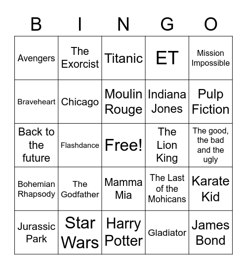 Movie Themes Bingo Card