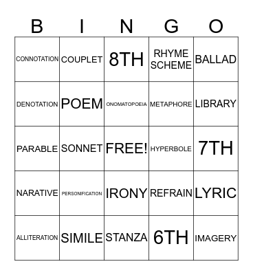 Poetry Bingo Card