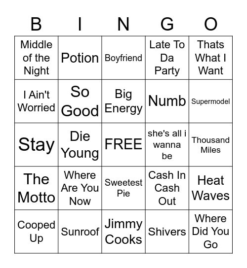 Today's Hits 1 Bingo Card