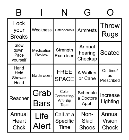 Falls Prevention Bingo Card