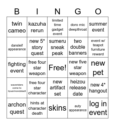 genshin 2.8 livestream bingo Card