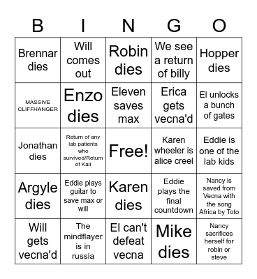 Stranger Things Bingo Card