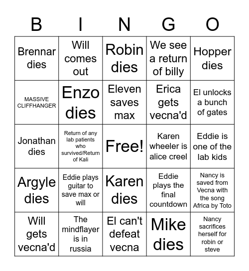 Stranger Things Bingo Card