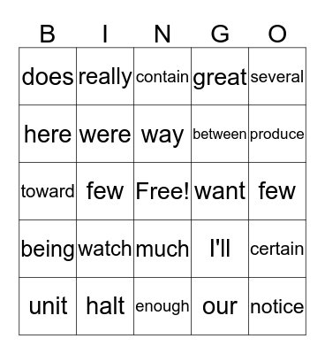 Sight Words Bingo Card