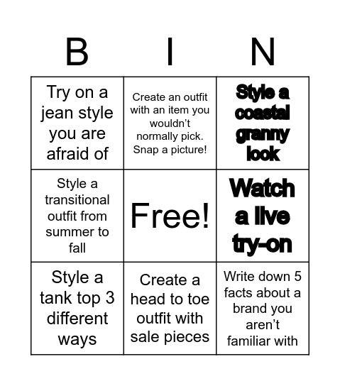 Evereve Style Bingo Card