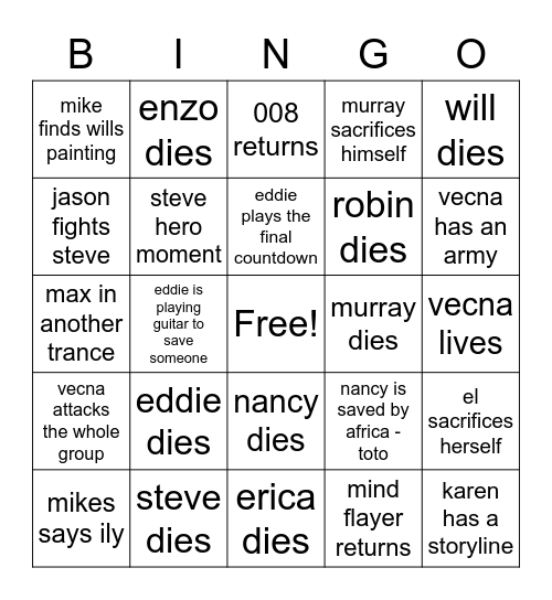 stranger things Bingo Card