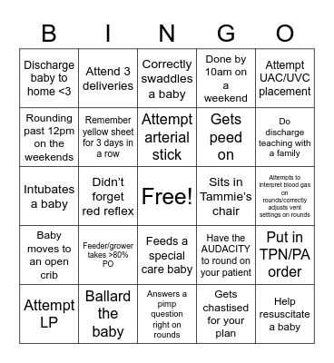 NICU Bingo! Bingo Card