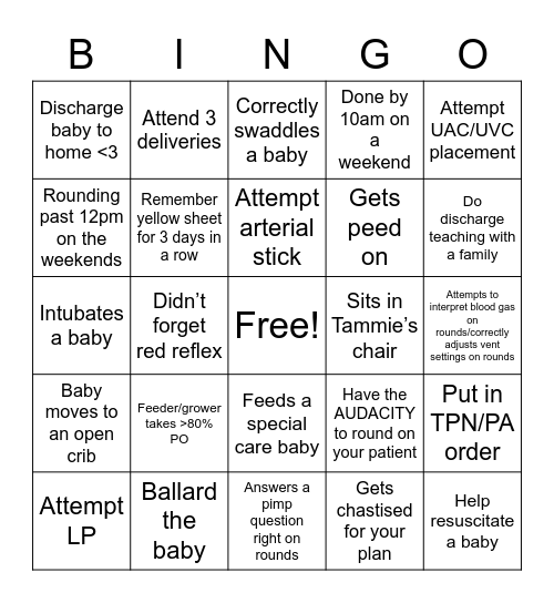 NICU Bingo! Bingo Card