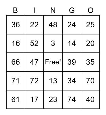 Bingo Cards 1-75 Bingo Card