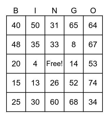 Bingo Cards 1-75 Bingo Card