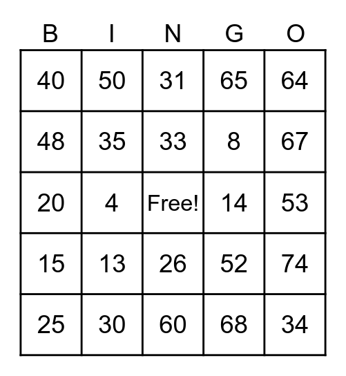 Bingo Cards 1-75 Bingo Card