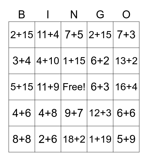 numbers 1-20 Bingo Card