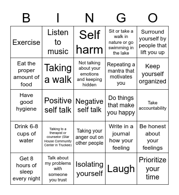 Taking Care Of Yourself Bingo Card