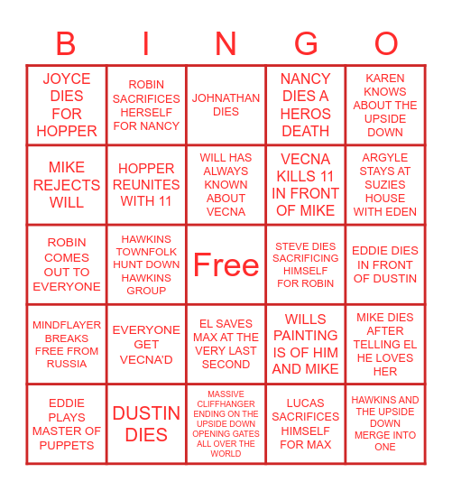 STRANGER THINGS SEASON 4 Bingo Card