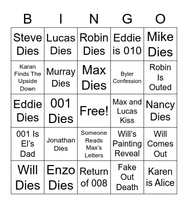 Stranger Things Bingo Card