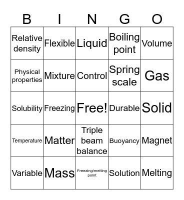 Properties of Matter Bingo Card