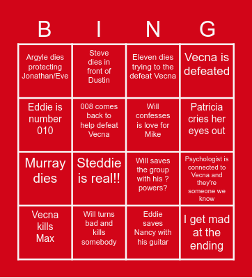 Stranger Things Season Finale Bingo Card