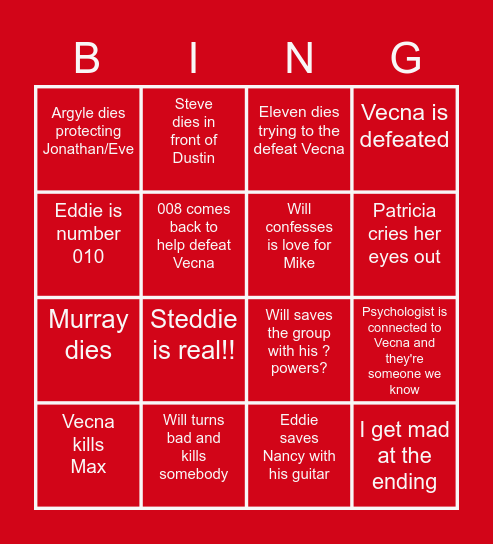 Stranger Things Season Finale Bingo Card