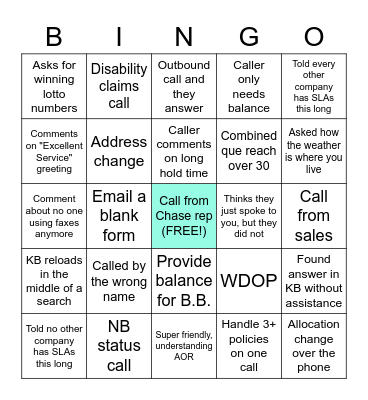 Call Center Bingo Card