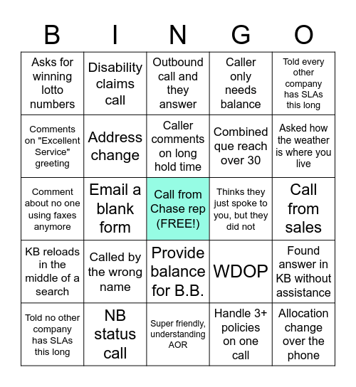 Call Center Bingo Card