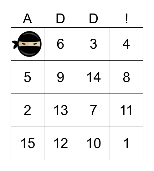 Numbers 1-15 Bingo Card