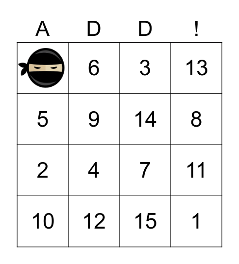 Numbers 1-15 Bingo Card