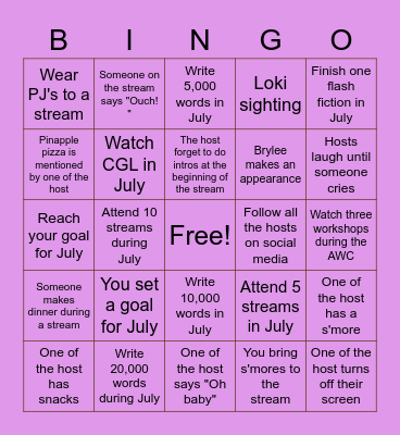 Camp Nano Bingo Card