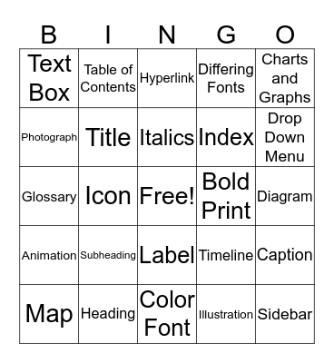 Text Features Bingo Card