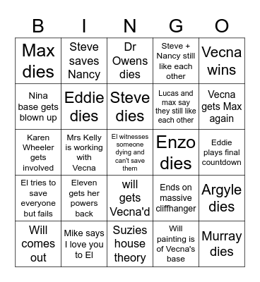 Stranger Things Bingo Card