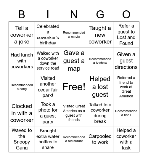 Friendship Week Bingo Card