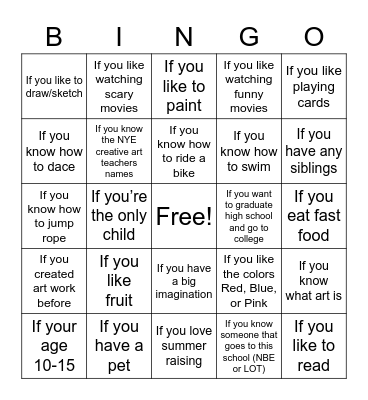 Creative Arts Bingo Card