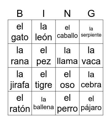 LOS ANIMALES Bingo Card