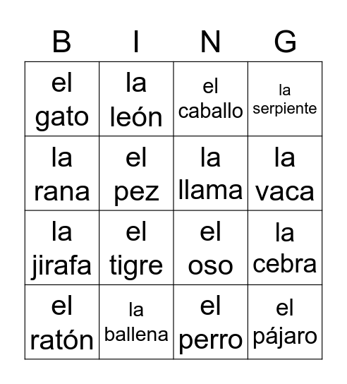 LOS ANIMALES Bingo Card