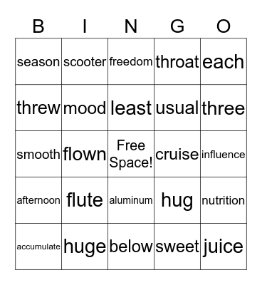 Spelling Words Long u sound Bingo Card