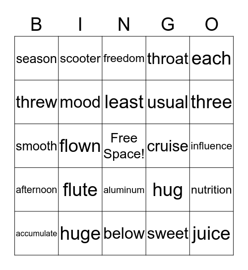 Spelling Words Long u sound Bingo Card