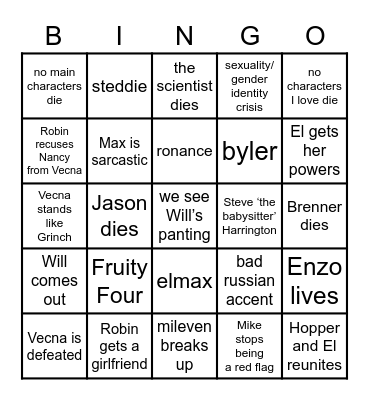 The Please Yes Stranger Things Bingo Card