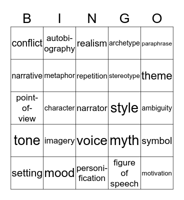 LITERARY VOCABULARY Bingo Card