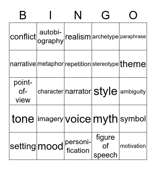 LITERARY VOCABULARY Bingo Card