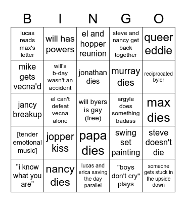 Stranger Things Bingo Card