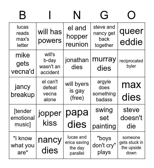 Stranger Things Bingo Card